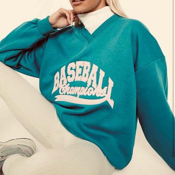 Boohoo Teal Baseball Graphic Sweatshirt - Picture 8 of 8